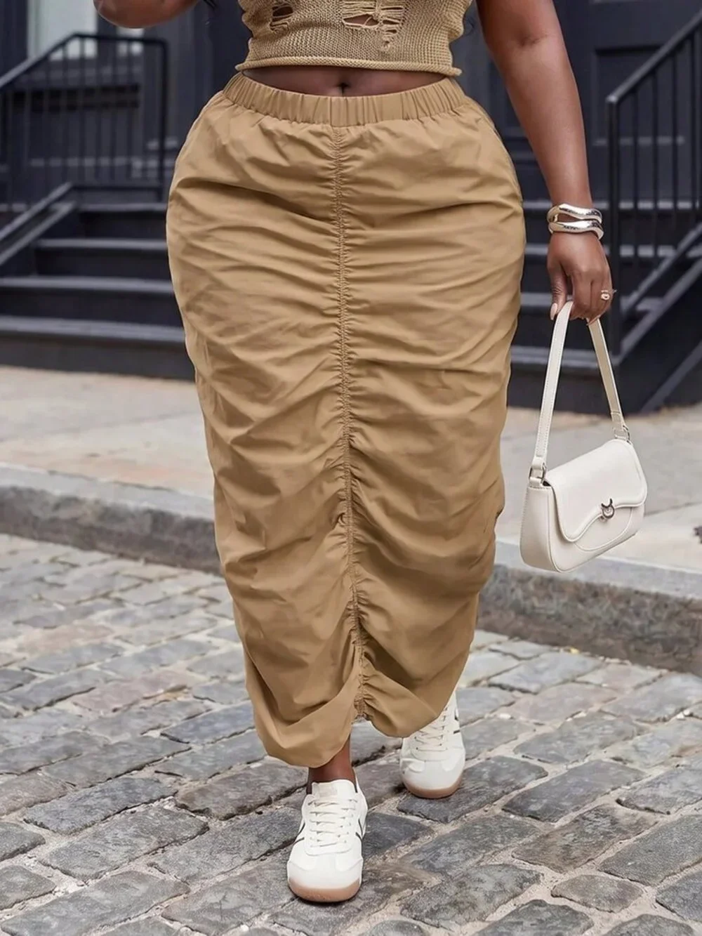 Khaki Casual Women's Plus Size Regular Fit Ruched High-Waist Long Maxi Skirt